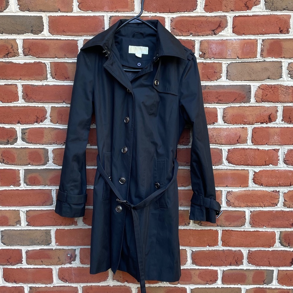 Black Michael Kors Button Up Belted Lined Jacket Trench Coat